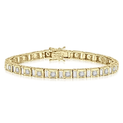 7" long stunning design bracelet with Diamond essence emerald cut baguettes and round brilliant Diamond Essence masterpieces set in ethnic setting of Gold Vermeil. Appx. 9.0 cts.t.w.
