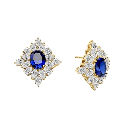 Designer Earrings with 3.5 ct. oval Sapphire Essence set in four prong, and surrounded by pear cut diamond essence stones in floral pattern. 8.5 cts. each earring. 17.00Cts. T.W. set in 14K Gold Vermeil.