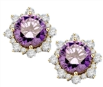 Designer Earrings with Round Amethyst Essence in center Surrounded by Round Brilliant Diamond Essence and Melee. 9.0 Cts. T.W. set in 14K Gold Vermeil.