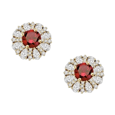 Diamond and Ruby Earring - 2.0 cts. Round Ruby Essence in Center surrounded by Pear Cut Diamond Essence and Melee. 5.5 Cts. T.W. set in 14K Gold Vermeil.