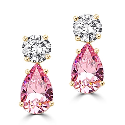 Best Selling Tear Drop Diamond Essence Earrings - White Brilliant Round Stone is 2 Ct and Pink Essence Pear Stone is 5 Ct. A Brilliant Sparkle of 14 Cts. T.W. for the pair of earrings! In Gold Vermeil.