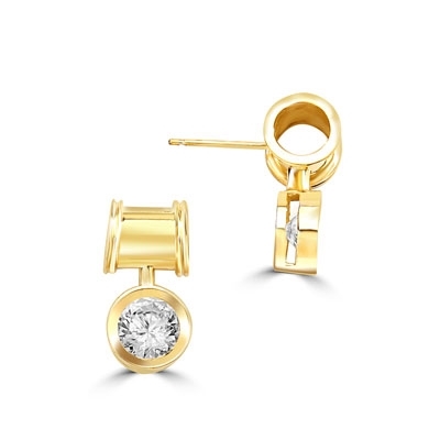 Unique Bezel set drop earring with 2 Cts. T.W. Round Diamond Essence, in 14k Gold Vermeil.
