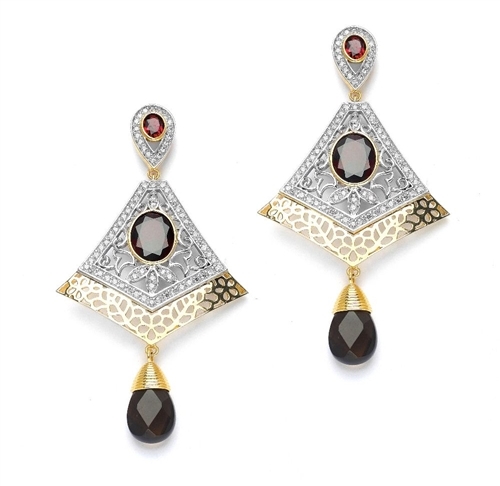Hot Red Garnet Earrings - The style for any season! 3 Ct. Smoky Drop off a 1 Ct Lovely Hoop centering White Topaz Essences, kissing another 2.5 Ct. Garnet Essence in center. The entire setting is chic and ethnic! A rare combination! 12 cts. T.W.
