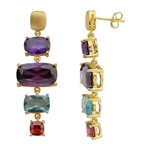 Diamond Essence Gold Plated Sterling Silver Earrings with Multi Color Rectangular Cushion Stones, 1.5 cts. Dark Purple 5 cts. Dark Amethyst, 1.5 cts. Aquamarine and 0.75 ct. Garnet Essence. 17.5 Cts.T.W.
Earring length 42mm and width 14mm.