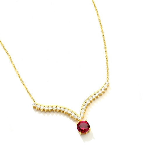 Supreme Necklace that is sure shot eye candy! 2.0 Cts. Round cut Ruby Essence Dangler atones a curvy melee of Round Brilliants set exquisitely in an Art Deco Setting! 3.50 Cts.T.W. attached with Chain in 14K Gold Vermeil.