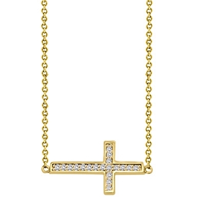 East-West Cross Necklace with 16" long attached chain and 0.25 ct.t.w. Diamond Essence Melee, in Gold Plated Sterling Silver.