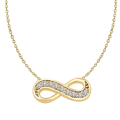 Infinity Necklace with 0.45 ct.t.w. Round Brilliant Diamond Essence stones on 16" long, Gold Plated Sterling Silver chain.