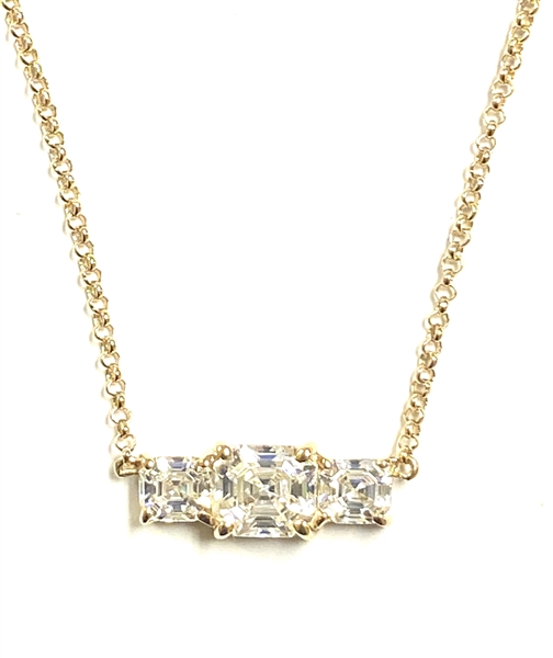 Beautiful Trio Necklace with Diamond Essence Asscher cut Stones set in four prongs, Gold Plated Sterling Silver, 3.5 cts.t.w. 2 carat in the center and 0.75 ct. on each side