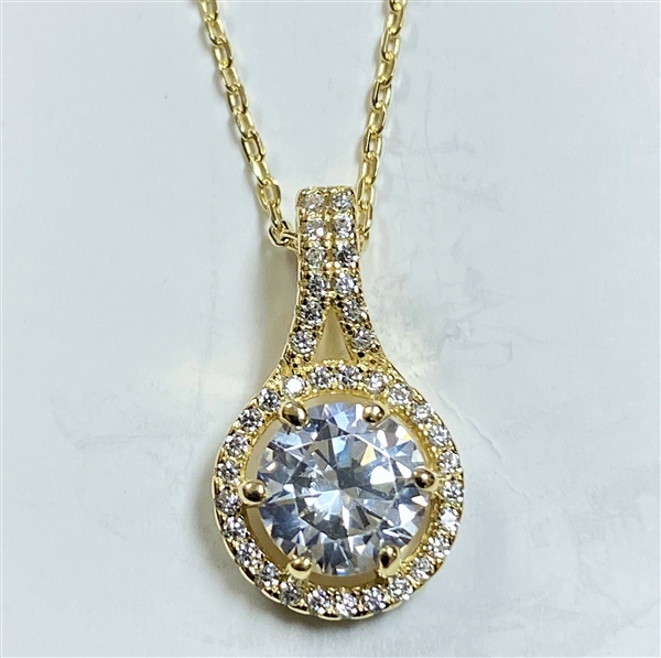 Diamond Essence Designer Pendant with Round Brilliant Stone and Melee, 2.20 Cts.t.w. set in Gold Plated Sterling Silver. 18mm Length x 10mm Width.