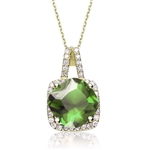 Diamond Essence Pendant with 5 Cts. Cushion cut Peridot  in Four Prongs surrounded by Brilliant Melee in 14K Gold Vermeil.