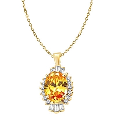 Diamond Essence Pendant in Gold Vermeil with 10 cts. Oval Canary in center. Round Essence and Baguettes on either side, set in prong settings, makes it a designer wear. 13.0 cts.T.W.