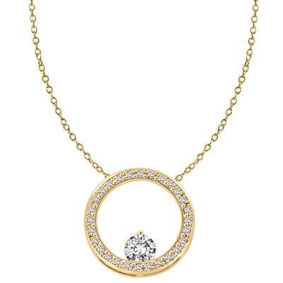 14K Gold Vermeil Circular Pendant. 0.50 Ct. Round Brilliant Diamond Essence balanced appealingly at the bottom of a circle made of Melee, 1.20 Cts.T.W.