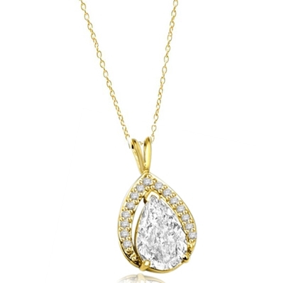 Amazingly designed Pendant with 3.50 Cts. Pear Cut Center and Melee, 4.0 Cts. T.W. in 14K Gold Vermeil.
Free Silver Chain Included.