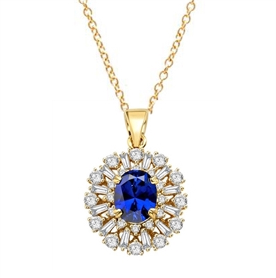 Diamond Essence Designer Pendant in 14K Gold Vermeil with 2.5 carat Oval Sapphire Essence in the center, surrounded by Diamond Essence round stones and baguettes. Appx. 4.5 cts.t.w. Just perfect for all occasions.