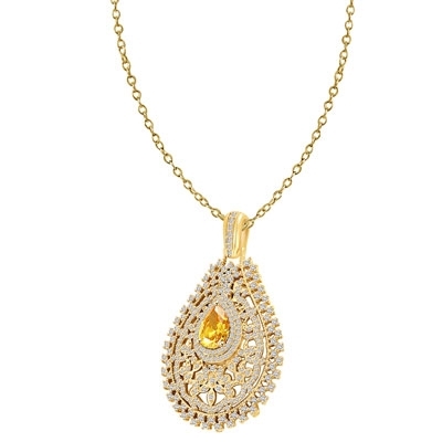 Prong Set Designer Pendant with Lab-made Pear Shape Canary in center surrounded by Artistically set Brilliant Melee Diamonds by Diamond Essence set in Vermeil