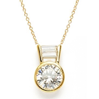 Diamond Essence Slide Pendant with 3.0 ct Round stone and Baguettes, 3.5 ct.tw. in Gold Vermeil.