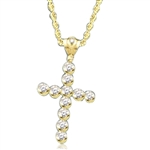 Show your spirit with a heavy, solid cross pendant made with Round Diamond Essence stones 1.5 Cts. each Delightfully Dazzling 2-1/4"H and 1-3/4"W. In Gold Vermeil. Chain Not Included.
