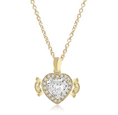 Beautiful Heart Pendant, showing off 4 carat Heart cut Diamond Essence stone set in prong setting, surrounded by round brilliant stones and 2 small hearts on either side. 5.0 cts.t.w. in Gold Vermeil.