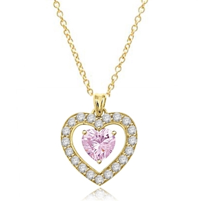 Three carat heart shape Pink Essence stone in prong setting, is surrounded by round brilliant Diamond Essence stones, making another heart. 4.0 cts.t.w. in Gold Vermeil.