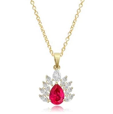 Prong Set Designer Pendant with Simulated Pear Cut Ruby Essence and Brilliant Marquise Diamonds by Diamond Essence set in Vermeil