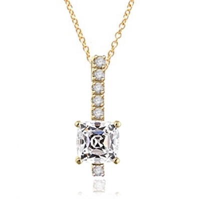 Elegant Pendant with 3 carat Cushion cut Diamond Essence stone in four prong setting, with Round Brilliant stones in four prongs, set on a bar. 4.0 cts.t.w. in Gold Plated Sterling Silver.