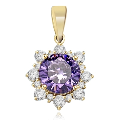 Designer Pendant with Round Amethyst Essence in center surrounded by Round Brilliant Diamond Essence and Melee. 4.5 Cts. T.W. set in 14K Gold Vermeil.