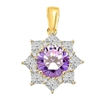 Pendant with Round Lavender Essence in center surrounded by Princess Cut Diamond Essence and Melee. 6.5 Cts. T.W. set in 14K Gold Vermeil.