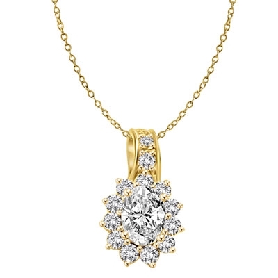 Brilliant Pendant with 1.5 Ct. Oval center surrounded by beautiful melee of Round Brilliants. 2.25 Cts.T.W. In 14k Gold Vermeil. Free Gold Vermeil Chain.