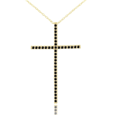 Diamond Essence Cross Pendant with Round Black Onyx Stones in Gold Plated Over Sterling Silver.