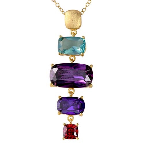 Diamond Essence Gold Plated Sterling Silver Pendant with Multi Color Rectangular Cushion Stones, 1.5 cts. Aquamarine, 5 cts. Dark Amethyst, 1.5 cts. Dark Purple and 0.75 ct. Garnet Essence. 8.75 Cts.T.W.