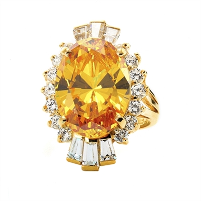Diamond Essence Designer ring in Gold Vermeil with 10 cts. Oval Canary center. Round Essence and Baguettes on either side, set in prong settings, makes it a classic cocktail ring. 13.0 cts.t.w.