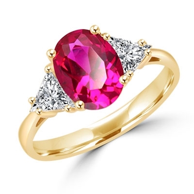 Stunning Ring, 2 Cts. T.W, with 1 Ct Oval Cut Ruby Center and White Trilliant Diamond Essence Stones on side, in Gold Vermeil.