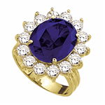 Gold Vermeil Princess ring with 5.0 cts. oval Sapphire Essence center and 14 round brilliant Diamond Essence stones 6.50 cts.t.w. Also available in Platinum Plated Sterling Silver.