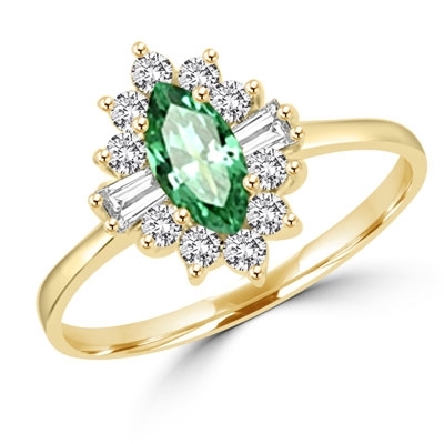 Honeysuckle Rose - 1 Ct. Marquise Cut Emerald Center stone with Baguettes and Round Accent Masterpieces. 1.3 Cts. T.W. in Gold Vermeil.