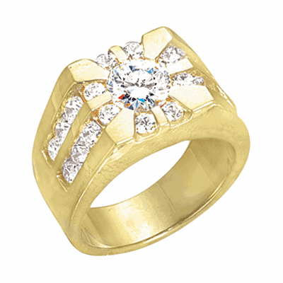 14K Gold Vermeil man's ring with 0.75 carat round center. 2.5 cts. t.w.