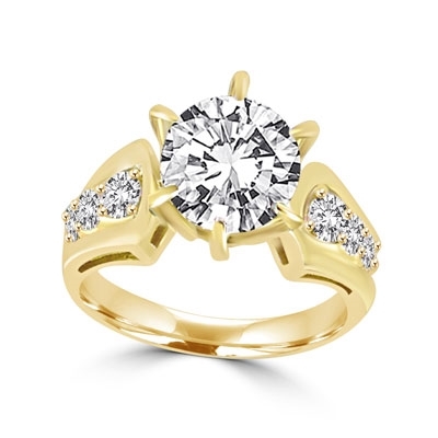 A beautiful engagement ring, Diamond Essence round brilliant stone of 2.0 carat set in six prongs and curved shank with beautiful round melees. 2.5 ct.t.w. set in 14K Gold Vermeil.