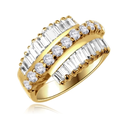 Flourish - Brilliant Ring, 5 Cts. T.W, with Baguettes on two side bands surrounding a Melee of Round Diamond Essence Fireworks! In Gold Vermeil.