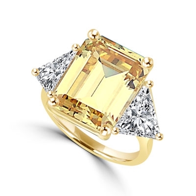 Designer Ring with 13.0 cts. Canary Essence Emerald in center and triangle stones on each side. 21.0 Cts. T.W. set in 14K Gold Vermeil.