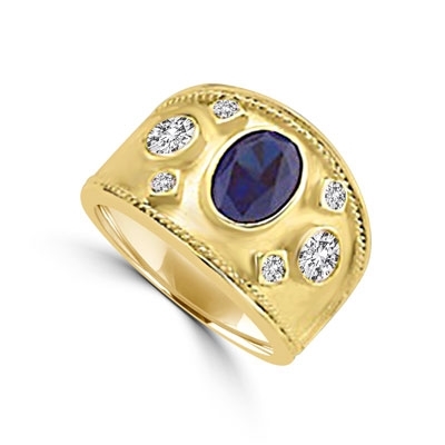14K Gold Vermeil European ring, with a 1.5 cts. oval cut Sapphire Essence center stone and round cut accents.