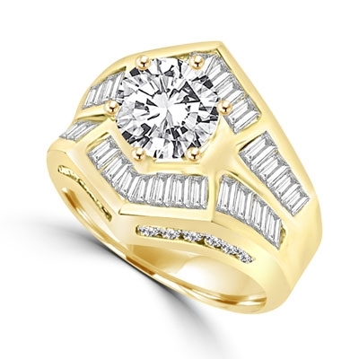 Classic cocktail ring, with 2 carat center stone in six pongs setting. Channel set baguettes set artistically, and round melee on band makes it perfect party wear. 4.5 ct.t.w. in Gold Vermeil.