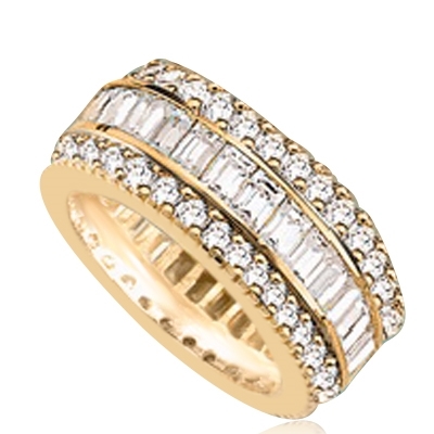 Private Pleasures - Wide Band Ring with a beautiful triple spin! Three heavenly rows of Diamond Essence Masterpieces. In the center, intimately touching channel set baguettes, and on both sides, round cut melee pieces. 5 Cts. T.W, in Gold Vermeil.