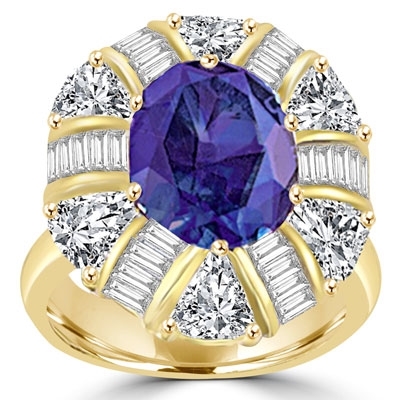 Prong Set Designer Ring with Simulated Oval Cut Sapphire Essence, Brilliant Baguettes and Trilliant Cut Diamonds by Diamond Essence set in Vermeil