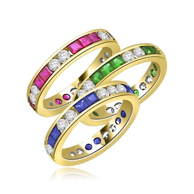 Best selling Eternity Bands with Princess Cut simulated Emeralds and Round Cut Diamond Essence stones all around the band. 1.5 Cts. T.W, in Gold Vermeil.