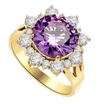 Designer Ring with Round Amethyst Essence in center surrounded by Round Brilliant Diamond Essence and Melee. 4.5 Cts. T.W. set in 14K Gold Vermeil.