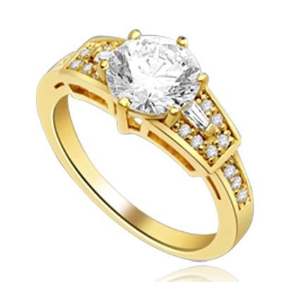 Mesmerizing 2.0 Ct Brilliant stone is adorned by superbly crafted Baguettes and Round Melee forming 2.50 Cts. T.W. In 14k Gold Vermeil.