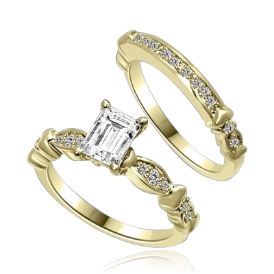 Beautiful Wedding Set with 1.0 Ct. Emerald cut Emerald Essence set in center accompanied by Melee on either side and on the matching band. 1.50 Cts. T.W. set in 14K Gold Vermeil.