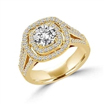 14K Gold Vermeil Diamond Essence Designer Ring With 1 Ct. Round Brilliant Center Surrounded By Melee And Three Rows Of Melee On the Band Enhance the Beauty, 2.50 Cts.T.W.