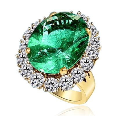 Emerald Ring - 15.0 Cts. Oval cut Emerald Essence in center with Round Brilliant Diamond Essences set all around. 19.0 Cts. T.W. set in 14K Gold Vermeil.