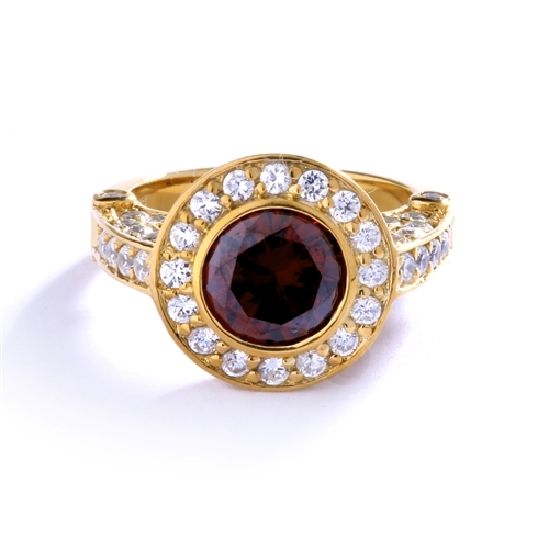 Diamond Essence Designer Ring with 1.5 cts.Chocolate Center, surrounded by small round stones.3.0 cts.T.W. set in 14K gold Vermeil.