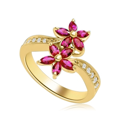 Dual Flowers - Curvy Band shines bright and Ruby Oval Flower Cluster sits pretty in this unique design. 2 Ct. T.W. In 14k Gold Vermeil.